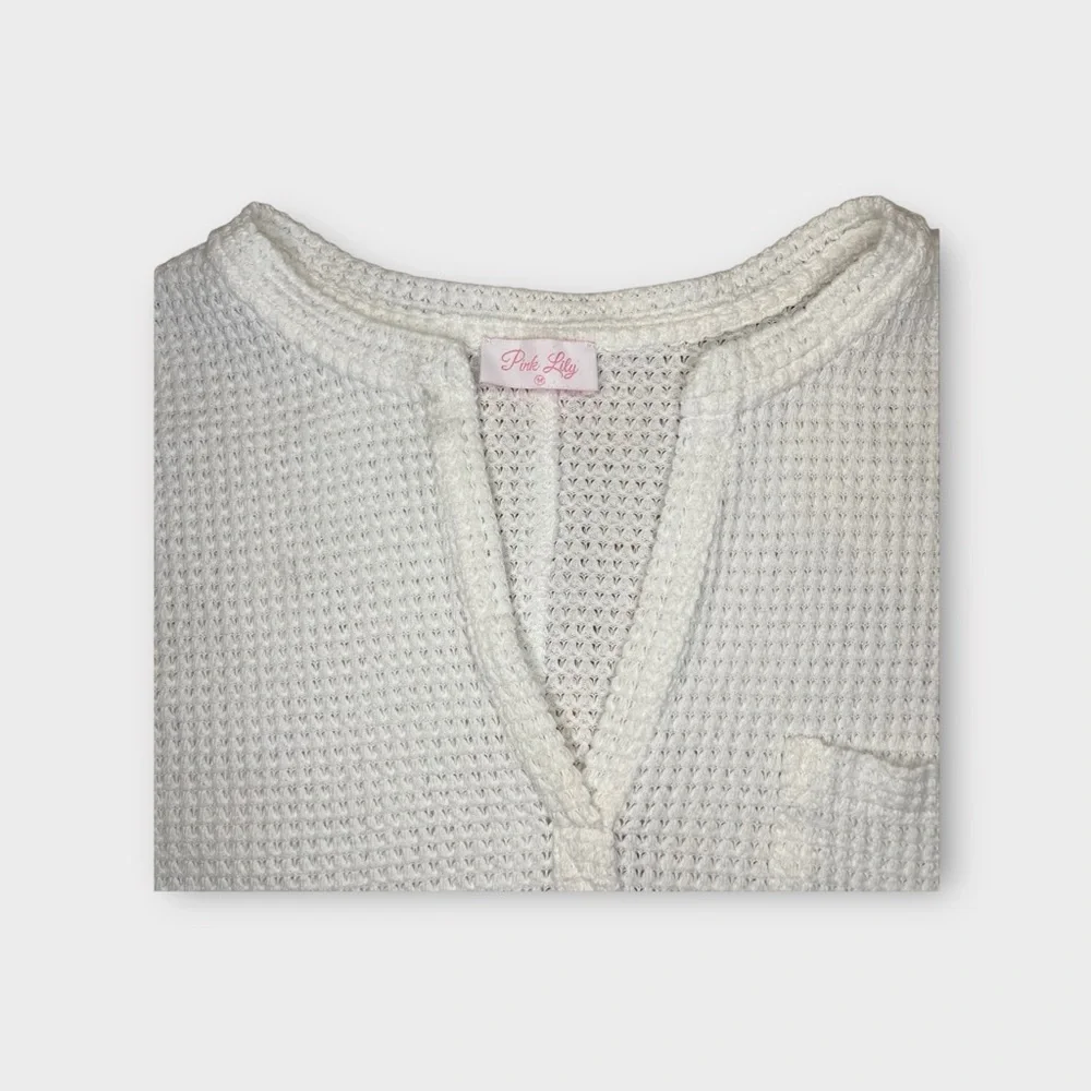 Pink Lily Waffle Knit Long Sleeve Oatmeal V-neck Top - Picture 5 of 8